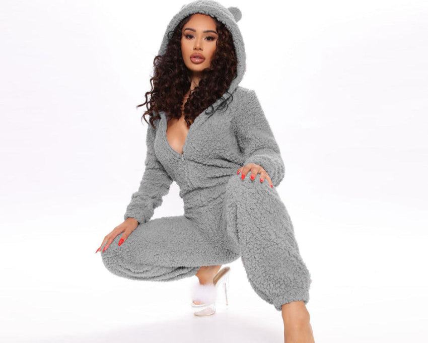 Women'S Autumn and Winter Plush One-Piece Pajamas