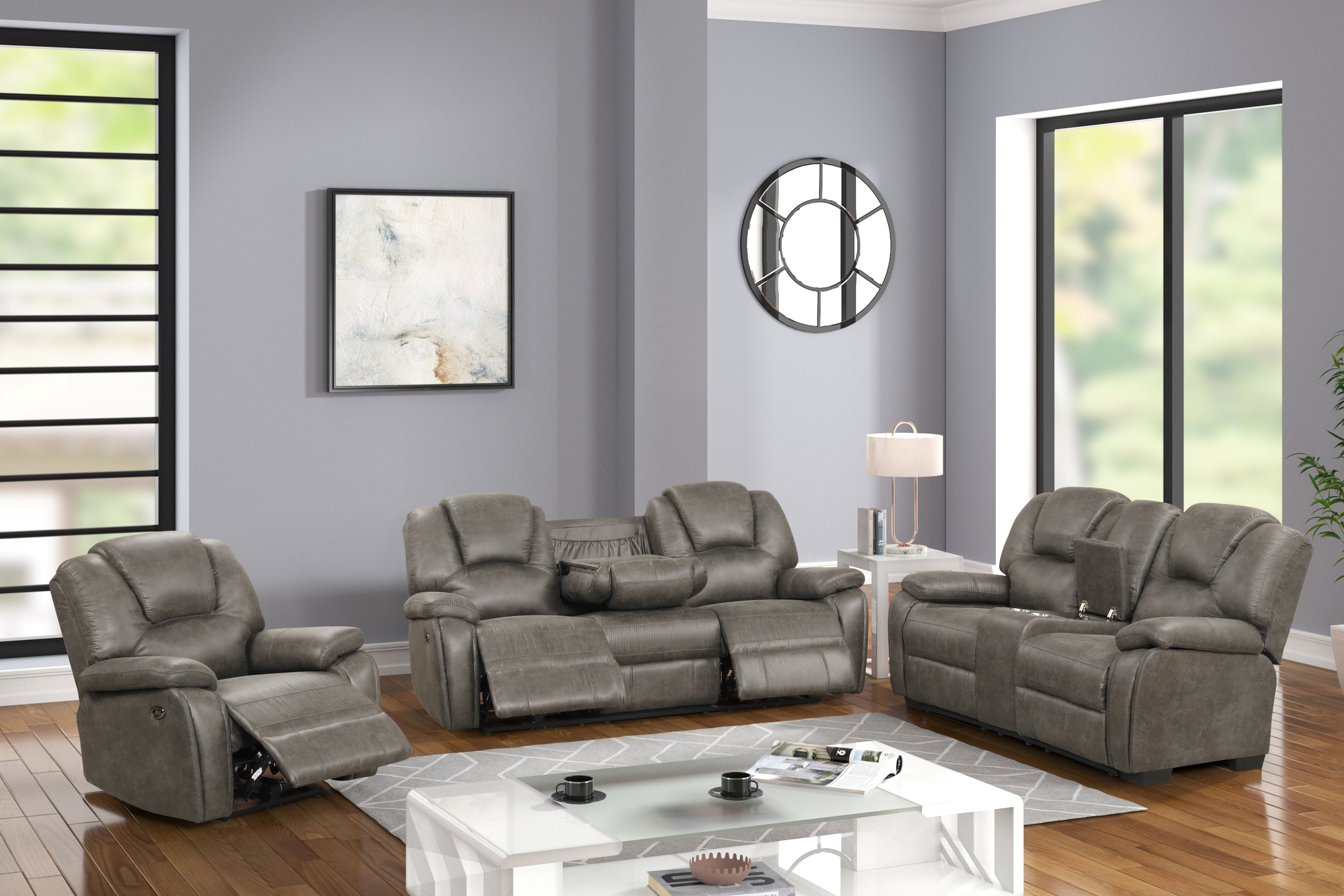 Light Brown 3-Piece Living Room Set — Reclining Sofa & Chair + Stationary Loveseat