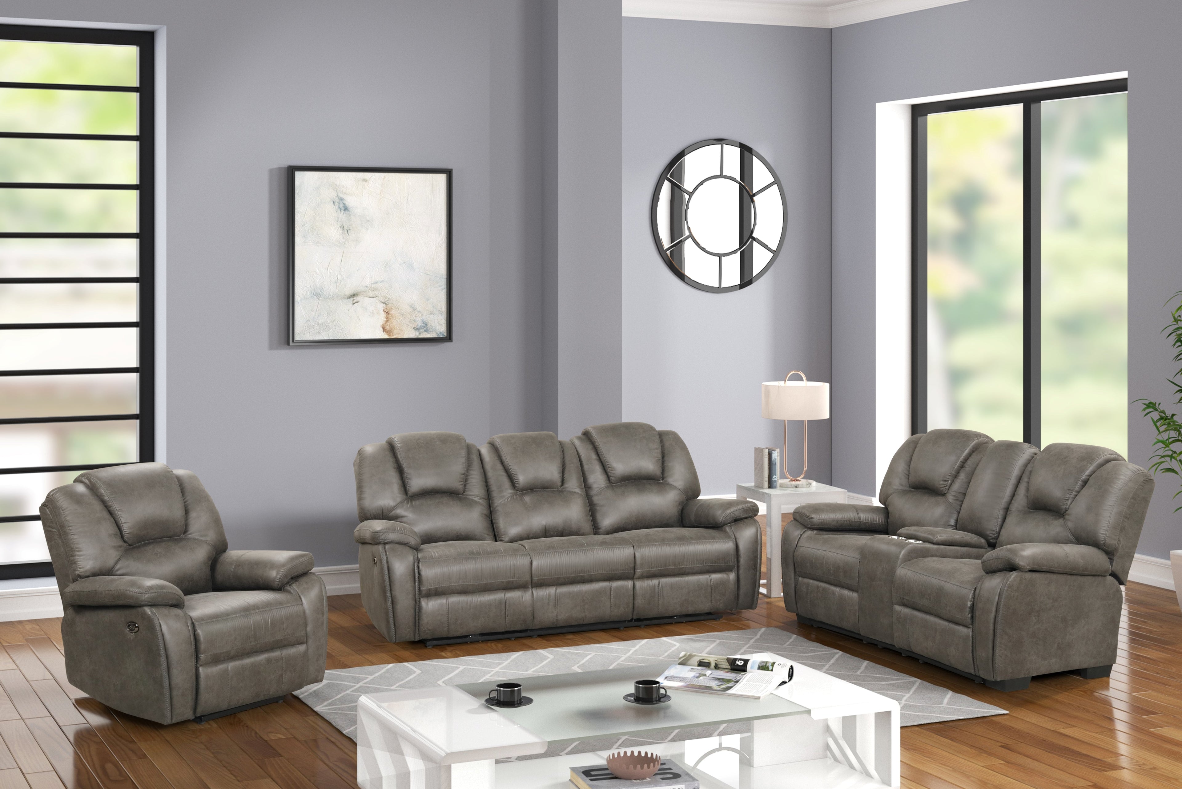 Light Brown 3-Piece Living Room Set — Reclining Sofa & Chair + Stationary Loveseat